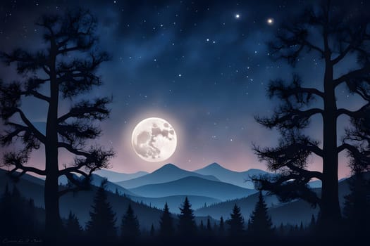 A breathtaking view of a full moon illuminating the night sky creates a magical atmosphere over a mountain range. The silhouetted pine trees frame the scene as stars twinkle above, highlighting the serene beauty of nature at twilight.