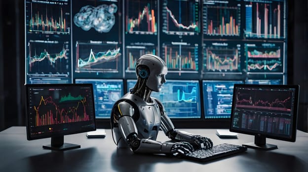 A humanoid robot sits at a sleek desk, intently analyzing complex financial charts displayed on multiple computer screens. The office is illuminated by the glow of the screens, showcasing vibrant data graphics against a dark background.