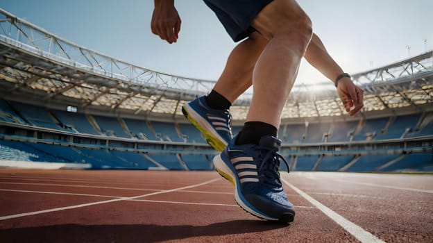 A focused athlete in athletic gear executes a sprint on a well-maintained track inside a large stadium during daylight. The sun casts shadows as the runner accelerates, showcasing determination and skill amidst the stadium's empty seats.