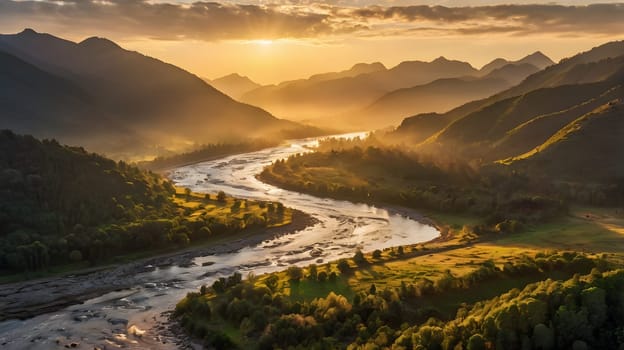 The sun rises gently over the horizon, casting a warm glow on the winding river flowing through the lush valley. Mountains stand tall in the background, shrouded in mist, as the peaceful landscape awakens to a new day. This picturesque setting captures the tranquility of nature and the beauty of early morning light.