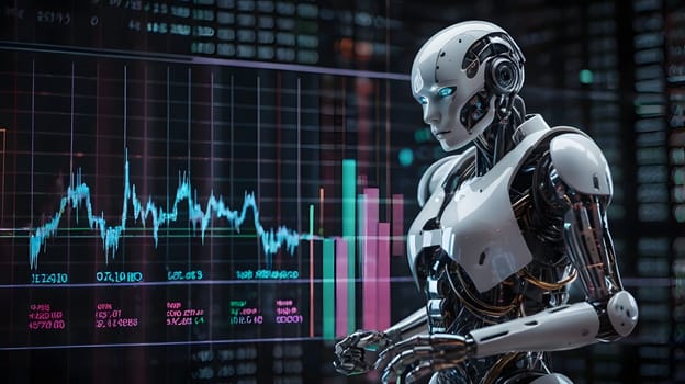 A sophisticated robotic figure with a sleek design is intently analyzing digital graphs and data trends on multiple screens. The surroundings are dimly lit with glowing charts, showcasing various data metrics and financial indicators, creating a futuristic atmosphere that emphasizes technological advancement.