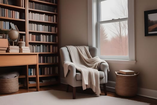 A cozy nook features a plush armchair draped with a soft blanket, inviting readers to unwind. Beside it stands a wooden desk filled with books and a decorative globe, creating a peaceful atmosphere perfect for reading or reflection. Natural light filters in through the window, enhancing the warm ambiance.