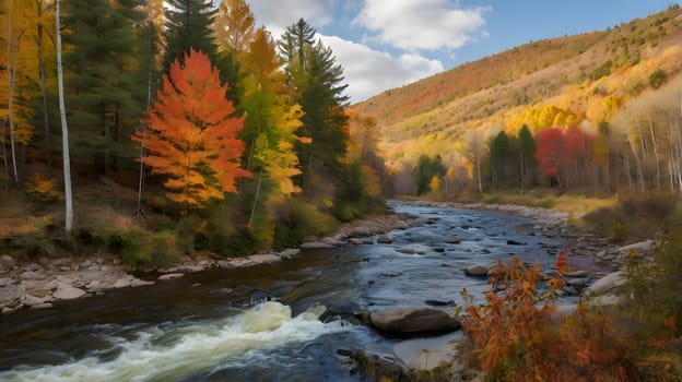 A vibrant river flows through an enchanting landscape, showcasing stunning autumn foliage in shades of orange, red, and yellow. Tall trees line the banks, while rocky formations peek through the gentle currents under a partly cloudy sky.