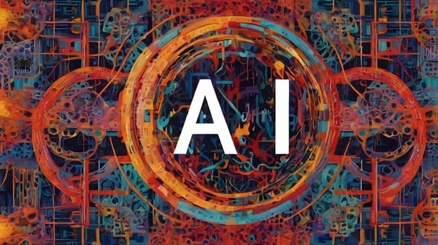 This artwork creatively depicts the concept of artificial intelligence through bold colors and complex patterns. The central focus features the letters AI, surrounded by an array of interconnected designs that symbolize technology and innovation.