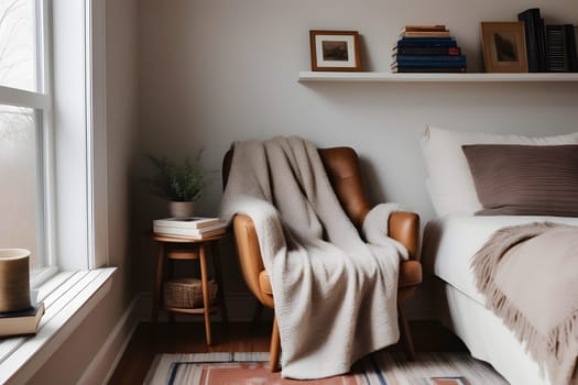 A warm and inviting living space features a leather chair adorned with a soft blanket, surrounded by books and greenery. The room is filled with natural light streaming through large windows, creating a peaceful atmosphere perfect for relaxation or reading.