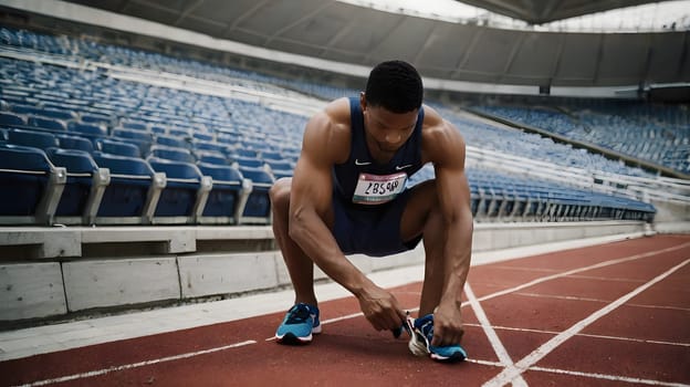 An athlete crouches on a running track in a nearly empty stadium, carefully tying his shoelaces as he prepares for an upcoming race. The bright daylight enhances the intense focus on his training, highlighting his dedication and readiness.