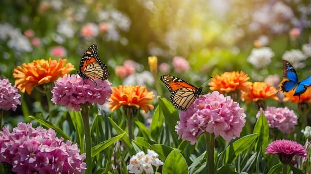 A stunning display of colorful butterflies flutters among the blooming flowers in a garden. The bright petals inspire a delightful ambiance as the butterflies delicately land on various blossoms, collecting nectar in the warm sunlight of late spring.