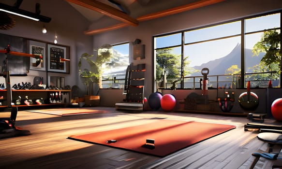 A well-equipped home gym with a large window overlooking a mountain range. The gym features a yoga mat, weights, exercise balls, and other equipment. Natural light floods the room.
