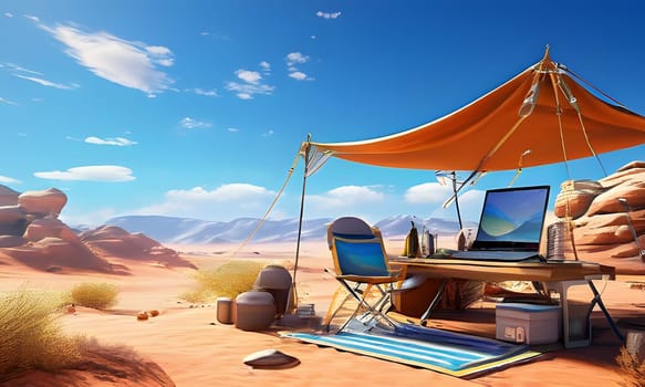 A desert campsite with a table, chair, and laptop under a canvas awning. The campsite is set up on a sandy plain, surrounded by red rock mountains. A cooler and other camping equipment are also visible. The sky is blue and clear, with white clouds.