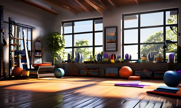 A bright, airy home gym with large windows allowing in natural light. The space features wooden floors, a large exercise rack, and a variety of exercise equipment, including weights, exercise balls, and yoga mats. The gym also has a potted plant and a motivational poster on the wall. The space is ideal for a productive and inspiring workout.