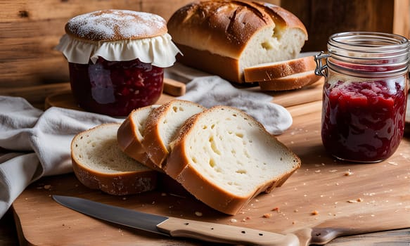 A wooden cutting board is covered with bread slices, a loaf of white bread, and two glass jars containing a dark red jam, one of which is covered in a white cloth. A knife sits on the board near the slices of bread.