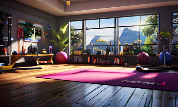 A modern home gym with large windows overlooking a mountain view. The space is brightly lit and includes a yoga mat, exercise equipment, and a large plant.