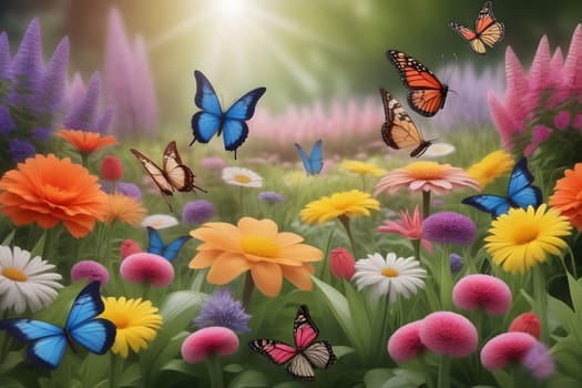 A variety of butterflies dance gracefully above a lush garden filled with blooming flowers. Bright orange, pink, and yellow blossoms create a picturesque ambiance. Sunlight filters through the greenery, casting a gentle glow across the scene, enhancing the beauty of the garden and its delicate visitors.