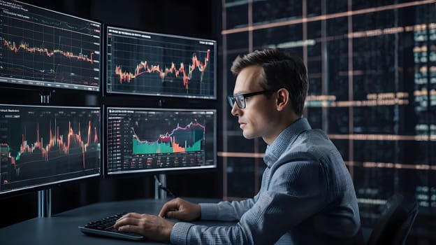 A focused individual is intently studying various market charts and financial data displayed on multiple monitors. The dimly lit office creates an atmosphere of concentration as the trader types and reviews the information for investment decisions.