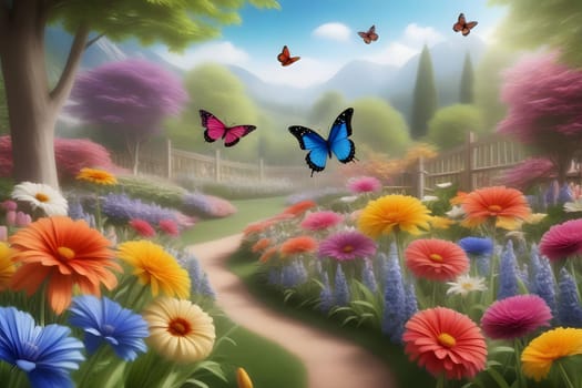 A picturesque garden blooms with a variety of colorful flowers in shades of pink, blue, and yellow. Butterflies flutter gracefully among the blossoms, creating a lively atmosphere. Lush greenery and trees line the winding pathway, inviting visitors to explore the tranquil landscape under a clear blue sky.