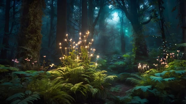 In a tranquil forest glade, soft luminescence emanates from unique plants, casting a magical glow amidst lush ferns and towering trees. The serene atmosphere is enhanced by fading daylight filtering through the canopy, creating a mystical ambiance.