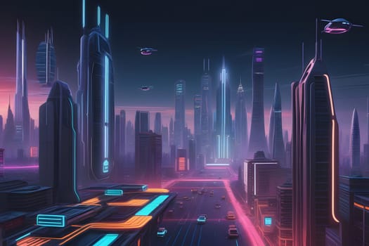 In a vibrant futuristic city, towering skyscrapers adorned with neon lights dominate the skyline. Hovering vehicles zip through the air, illuminating the bustling streets below. The scene captures the essence of technological advancement and urban life during twilight.