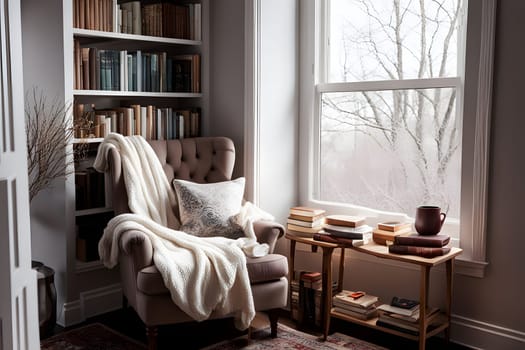 A comfortable armchair draped with a soft blanket sits near a window, inviting relaxation with a view of bare trees outside. Surrounding bookshelves are filled with diverse literature, while a small table holds stacked books and a cozy mug, creating an ideal setting for enjoying a quiet afternoon.