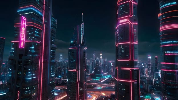 A breathtaking city skyline is illuminated with vibrant neon lights at night, featuring towering skyscrapers reflecting the glowing colors. The urban landscape showcases modern architecture against a dark backdrop, while city traffic flows along the illuminated roads below, creating a dynamic atmosphere.