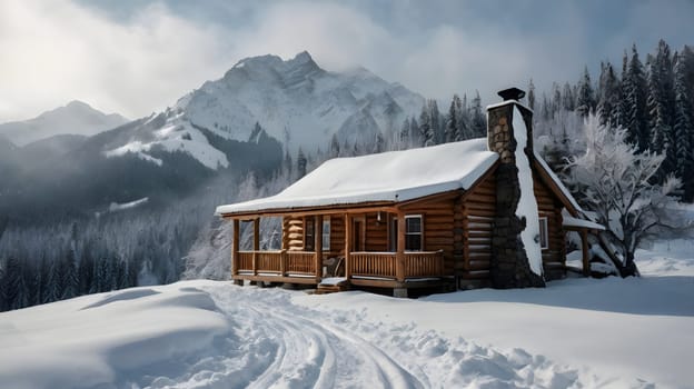 A charming wooden cabin sits amidst a blanket of snow, with majestic mountains rising in the background. The scene captures a serene winter atmosphere, where the snow glistens in the soft light, providing a peaceful retreat in nature's embrace.