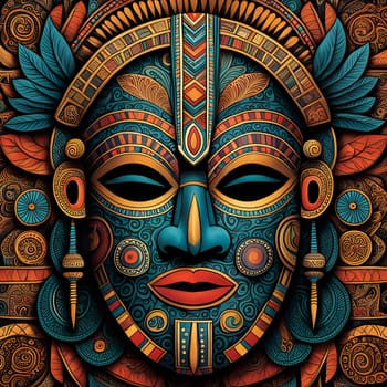 A close-up of a traditional African mask, painted in shades of blue, gold, and red. The mask is intricately decorated with geometric patterns, creating a visually striking design.
