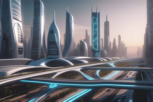 A vibrant cityscape features futuristic buildings showcasing sleek designs and illuminated accents. Elevated highways weave through the metropolis, highlighting advanced transportation options against a backdrop of a dusky sky. The scene captures the essence of innovation and modern living.