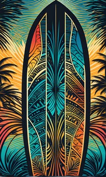 A vibrant, abstract illustration of a surfboard with a black background and intricate designs of palm trees, waves, and sunset colors. The surfboard is prominently featured, surrounded by palm trees on either side. The artwork features a variety of colors including teal, orange, yellow, and black.