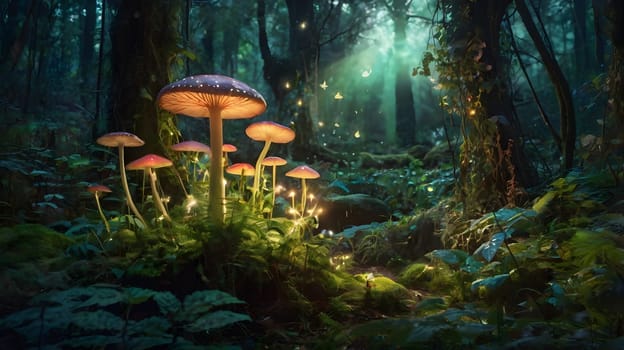 A mystical forest at dusk reveals a cluster of vibrant, glowing mushrooms surrounded by lush greenery. Soft light illuminates the area as fireflies dance through the air, creating a magical atmosphere. Tall trees and foliage frame the scene, enhancing the enchanting feel of this hidden woodland.