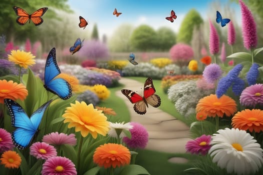 A beautiful garden pathway winds through an array of bright flowers, showcasing a variety of colors and textures. Butterflies flutter gracefully among the blooms, enhancing the serene atmosphere of this sunny day.