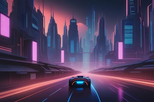 A sleek vehicle navigates a vibrant cityscape filled with towering skyscrapers illuminated by neon lights. The sky transitions to dusk with hues of orange and pink, creating a stunning backdrop for this futuristic urban environment. The atmosphere is electric as the vehicle glides smoothly down a wide road lined with glowing advertisements and high-tech architecture, evoking a sense of adventure and innovation.