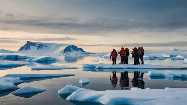 A group of explorers, clad in bright orange and red jackets, stand on a cluster of ice floes in the icy waters of Antarctica. The setting sun casts a warm glow on the snow-covered landscape. The vast expanse of water and ice is serene and breathtaking, with mountains in the distance.