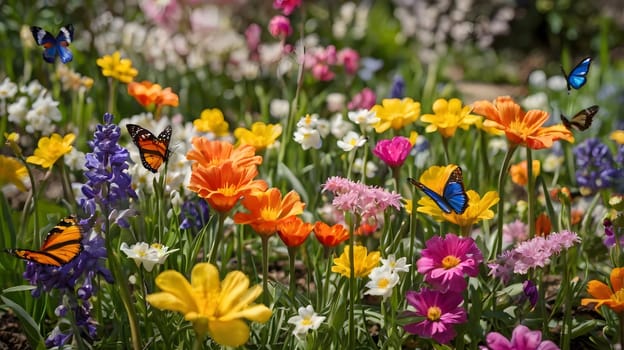 A lively garden is teeming with colorful flowers in full bloom, attracting various butterflies. The butterflies flit gracefully among the blossoms under clear blue skies, creating a picturesque scene of nature's beauty.