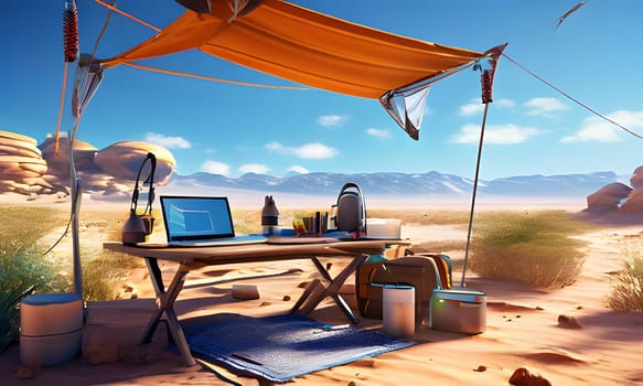A laptop sits on a table beneath a canopy in a desert landscape. The table is set up with a laptop, a backpack, a water bottle, and other supplies. The canopy provides shade from the sun, and the scene is peaceful and tranquil.