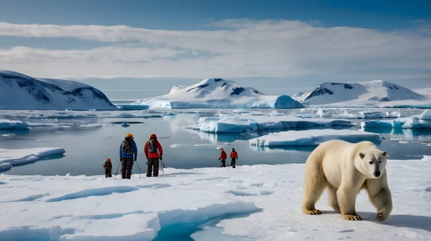 A group of hikers traverse a frozen, snowy landscape in Antarctica, with a polar bear in the distance. The hikers are wearing brightly colored jackets and carrying hiking poles. The scene is marked by ice floes and snow-covered mountains.