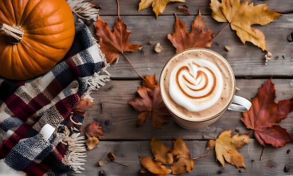 A cup of coffee with latte art sits on a wooden table, surrounded by fallen autumn leaves. A pumpkin and a plaid blanket are in the background, creating a cozy autumn scene.