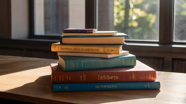 A stack of six books rests on a wooden table, illuminated by sunlight coming in from a window behind them. The books are arranged neatly, with their spines facing outward. The window is partially obscured by a view of green trees and foliage.
