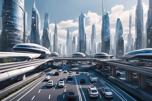 A bustling urban environment showcases sleek skyscrapers towering above an advanced transportation network. Streamlined hover vehicles glide above the ground level, where traditional cars navigate the multi-layered streets. The clear, sunny sky enhances the vibrant architectural design, reflecting a vision of future city life.