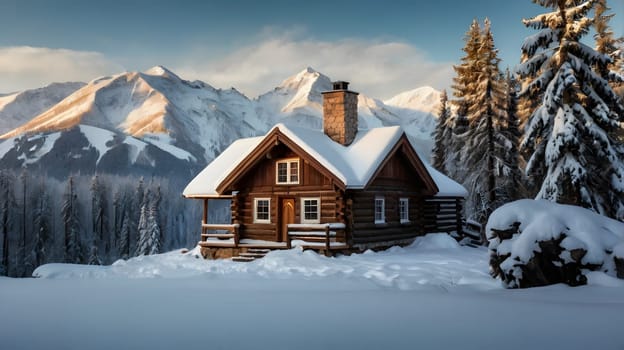 A charming wooden cabin sits surrounded by snow-covered trees, with majestic mountains towering in the background. The early morning sun casts a warm glow over the landscape, creating a serene atmosphere that invites exploration and relaxation.