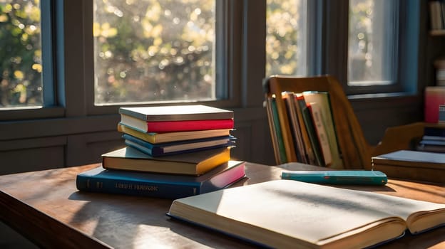 A stack of books sits on a wooden desk next to an open book. Sunlight streams through a window behind the desk, illuminating the books and the desk surface.