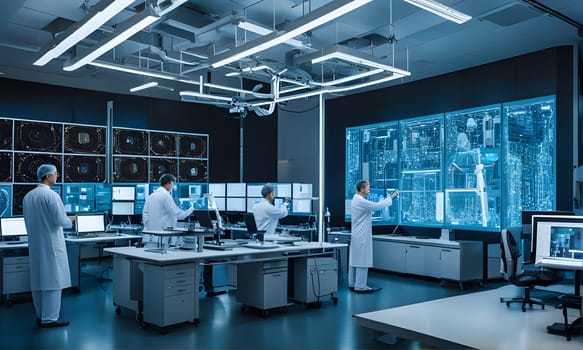 Four scientists in lab coats are working in a modern data center. The room is lit by overhead fluorescent lights and has many large screens displaying complex data. The scientists are looking at the screens and interacting with them, likely working on a data-intensive project.