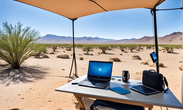 A laptop computer and various accessories are arranged on a table under a canopy in a desert environment. The table is positioned in front of a large, open space with a clear view of the surrounding mountains and desert vegetation.
