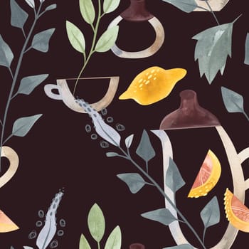 Herb tea. Melissa, mint, glassware, leaves and lemon slices. Seamless watercolor pattern for fabric, wallpaper, wrapping paper, packaging cosmetics, tablecloths, curtains and home textiles