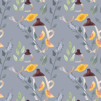 Herb tea. Melissa, mint, glassware, leaves and lemon slices. Seamless watercolor pattern for fabric, wallpaper, wrapping paper, packaging cosmetics, tablecloths, curtains and home textiles