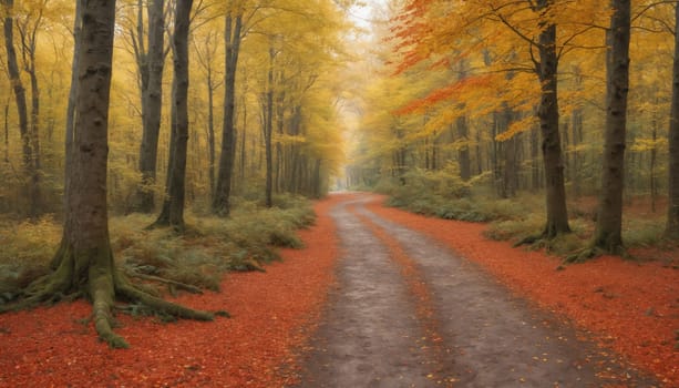 A tranquil pathway meanders through a mesmerizing forest adorned with vibrant golden and fiery red foliage. The soft morning light filters through the trees, casting gentle shadows and illuminating the colorful leaves blanketing the ground. Mist hangs in the air, adding an ethereal atmosphere to the serene landscape, inviting wanderers to explore the enchanting beauty of nature.