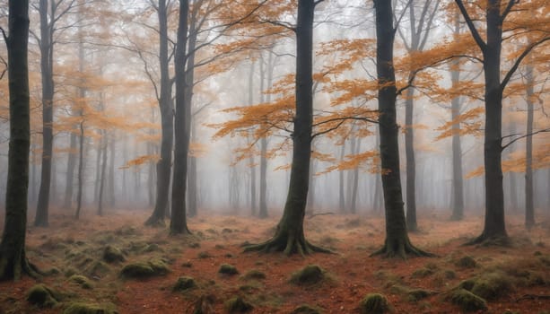 A serene woodland pathway winds through towering trees adorned with vibrant autumn leaves. Soft morning mist blankets the ground, creating a tranquil atmosphere. The gentle light of sunrise filters through the branches, illuminating the path and enhancing the magical ambiance of the forest.