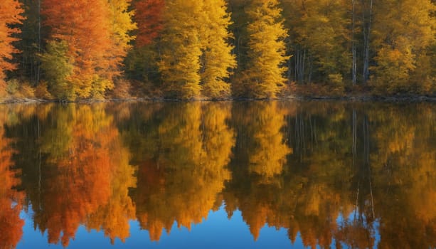 Vibrant hues of orange and yellow dance upon the water's surface, showcasing the stunning fall foliage. Tall trees frame the serene lake, their reflections perfectly mirrored in the stillness. Early morning light casts a golden glow, enhancing the beauty of nature's artwork.