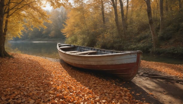Nestled along the tranquil riverbank, a weathered wooden boat rests peacefully, surrounded by a blanket of vibrant golden leaves. The lush trees, dressed in autumn hues, create a picturesque backdrop as the calm waters reflect the warm tones of the season. It’s a perfect moment that captures the essence of fall’s beauty.