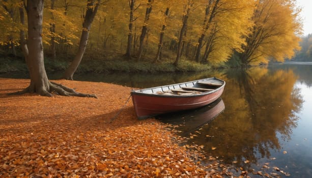 As autumn paints the landscape in vivid shades of orange and gold, a rustic boat rests peacefully at the riverbank. Cascading leaves blanket the ground, creating a warm tapestry that complements the stillness of the water. Trees in vibrant hues surround the scene, casting gentle reflections upon the river's surface, inviting contemplation and serenity.