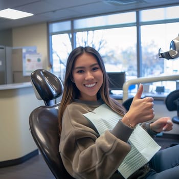 Smiling woman showing thumbs-up at dentist clinic chair during dental appointment