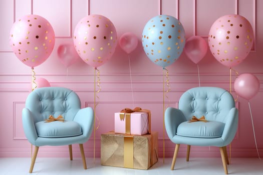 Festive party scene with pink and blue balloons, gifts, and decorated chairs